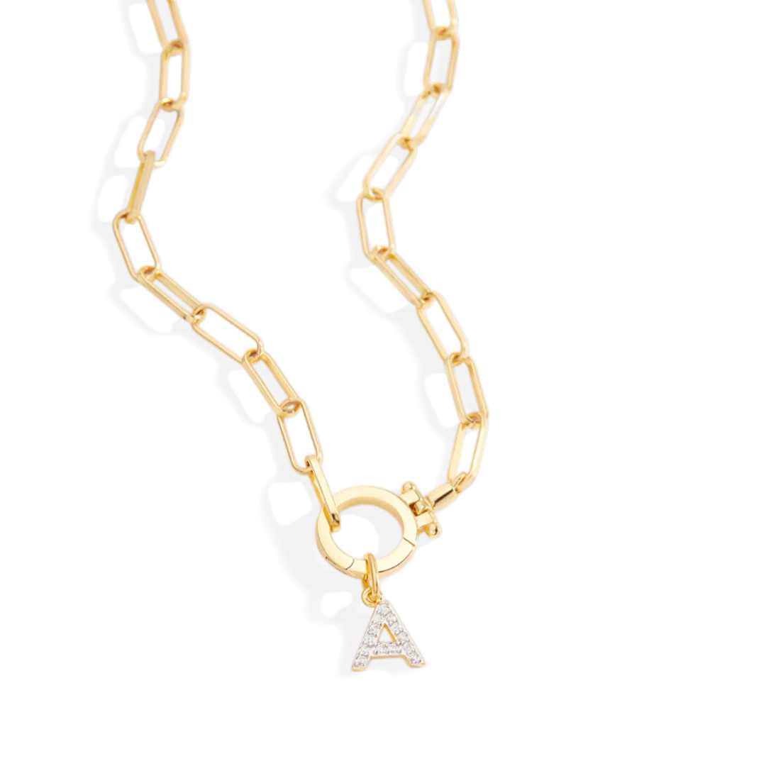 Mint Paperclip Necklace with Pave Initial Charm