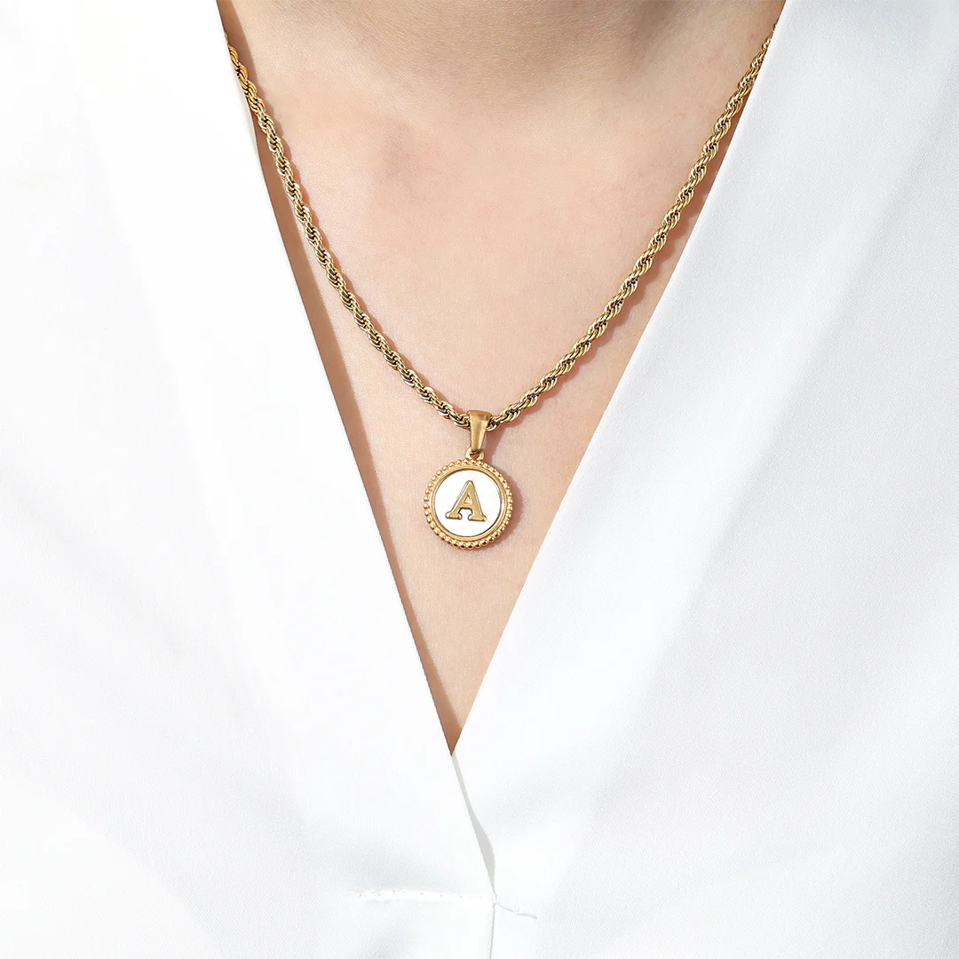 Mother of Pearl Disc Letter Necklace with Rope Chain
