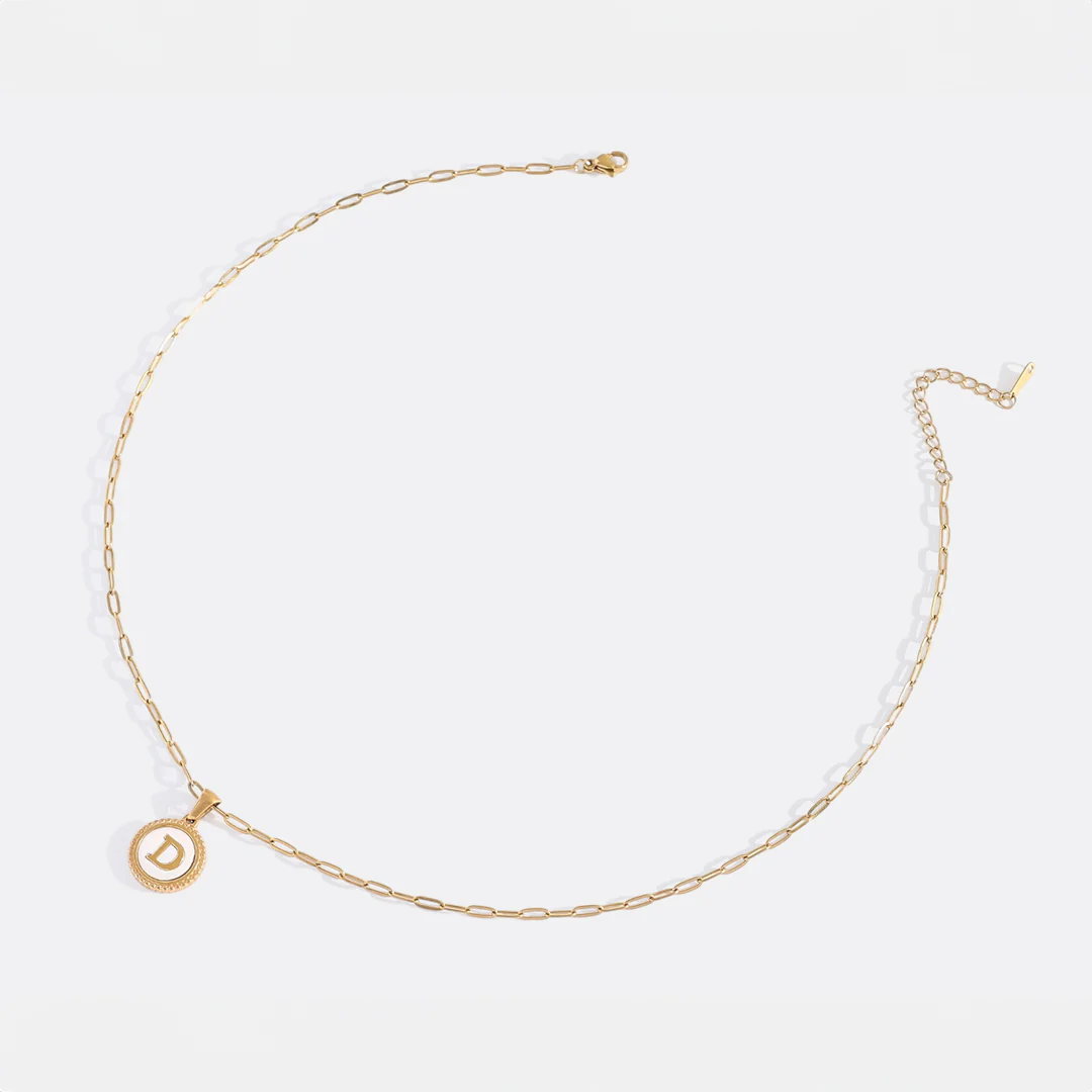 Mother of Pearl Disc Letter Necklace with Paperclip Chain