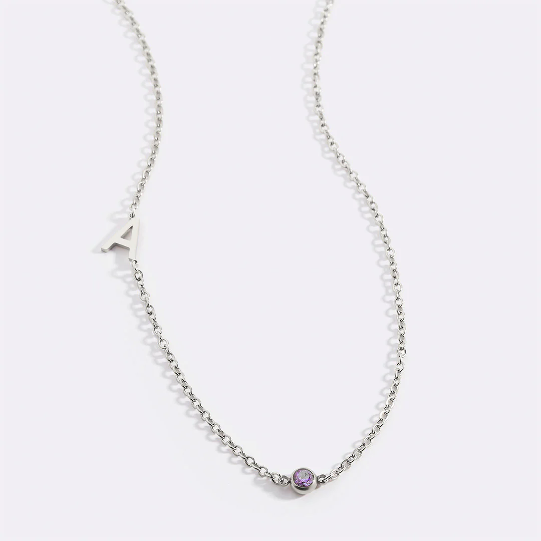 Initial Necklace with Birthstone Accent