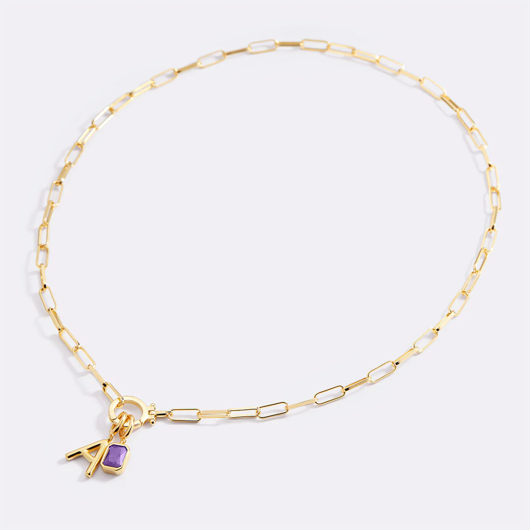 Mint Paperclip Necklace with Initial & Birthstone Charm