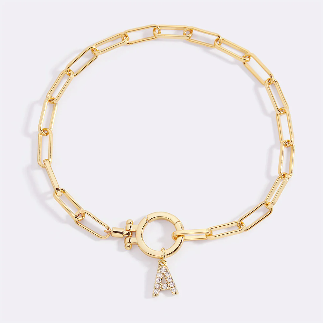 Mint Paperclip Bracelet with Pave Initial Charm