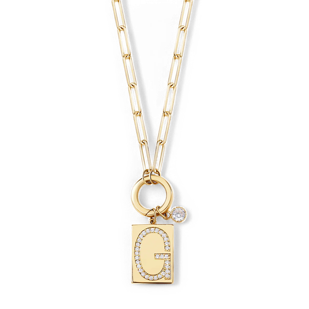 Gold Pave Initial Pendant Necklace with Paperclip Chain