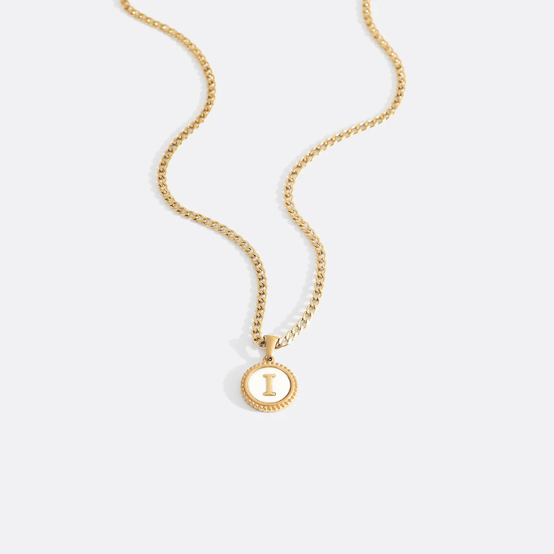 Mother of Pearl Disc Letter Necklace with Cuban Chain