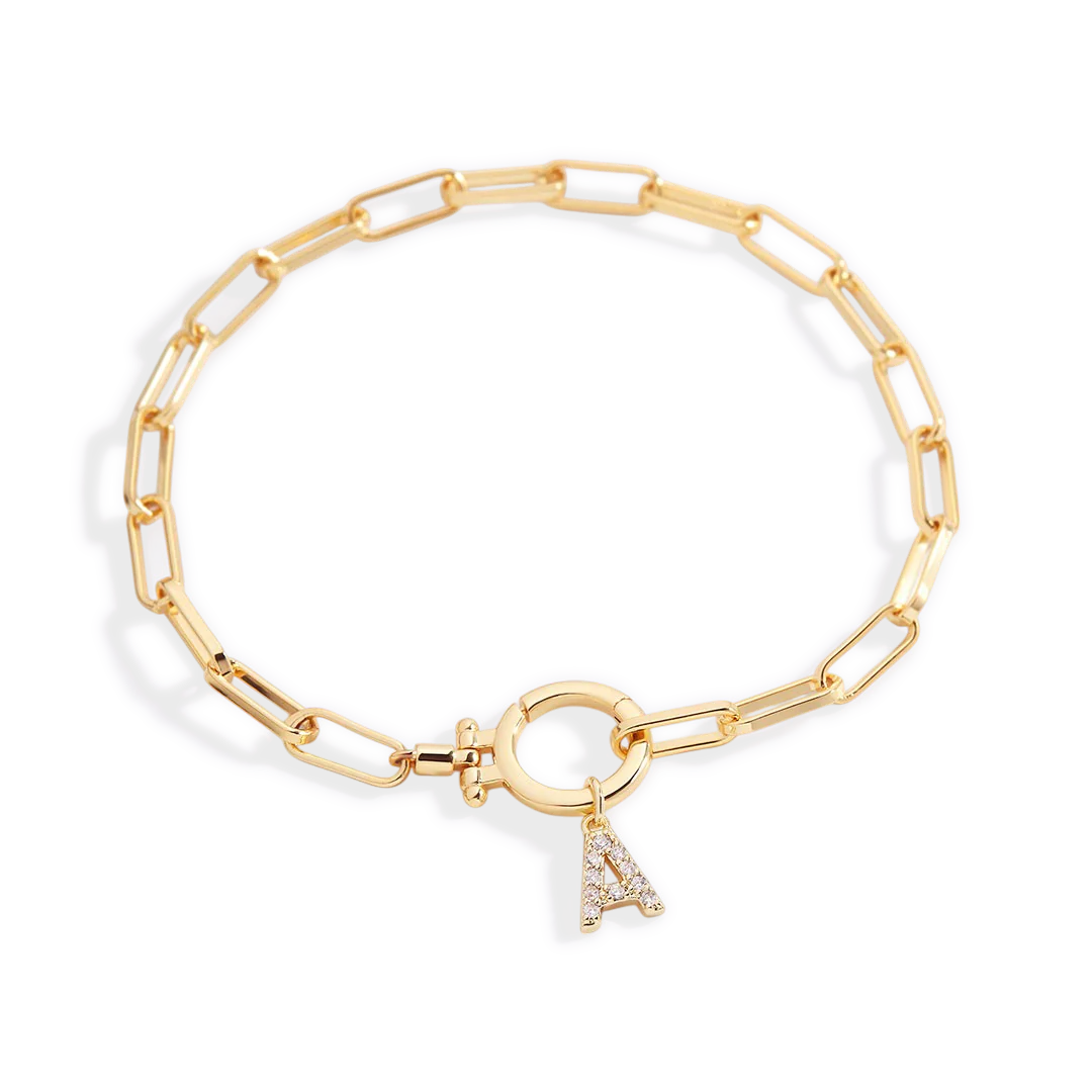 Mint Paperclip Bracelet with Pave Initial Charm