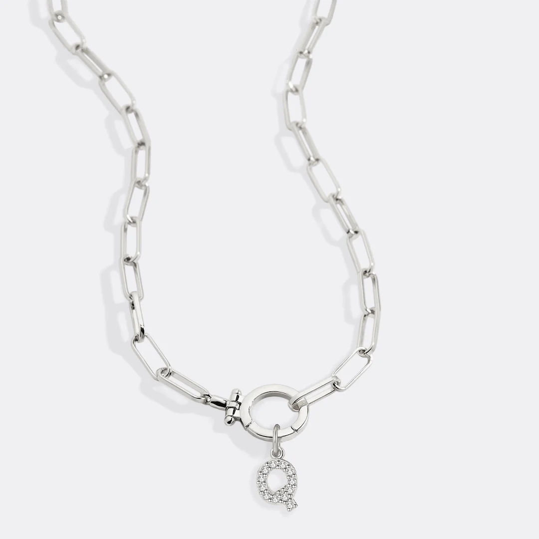 Mint Paperclip Necklace with Pave Initial Charm