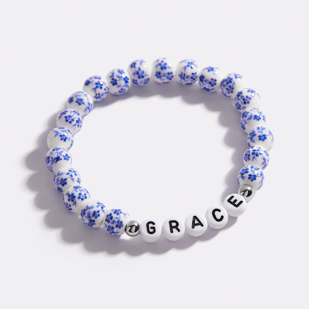 Custom Name Blue Porcelain Floral Beaded Bracelet