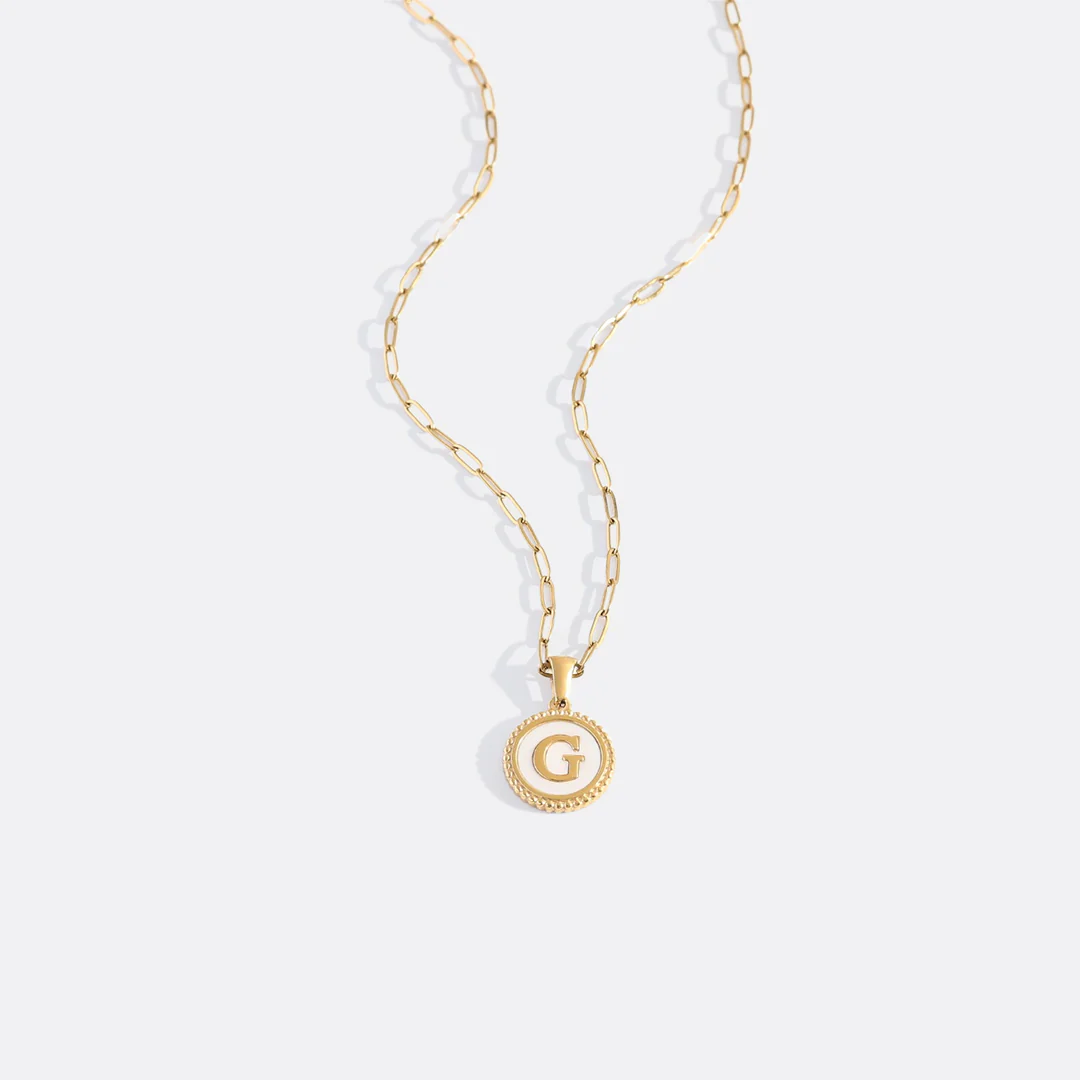 Mother of Pearl Disc Letter Necklace with Paperclip Chain