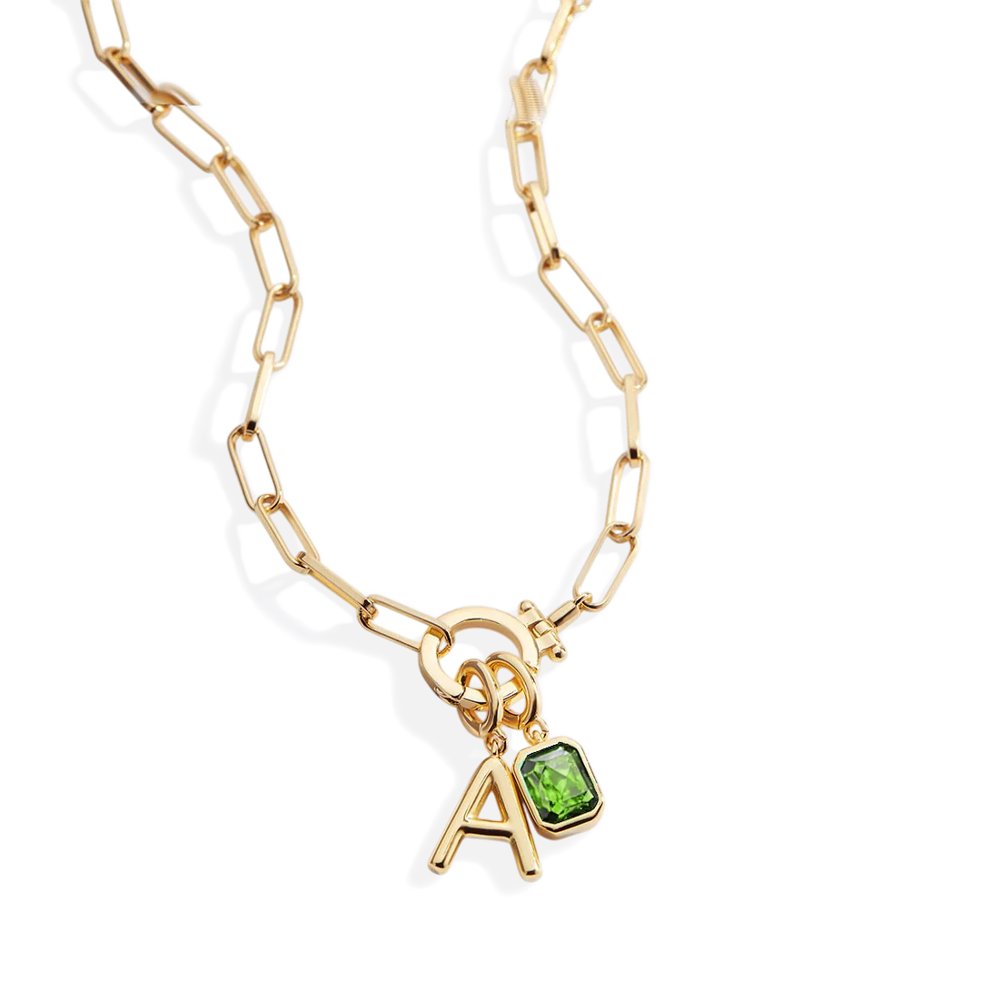 Mint Paperclip Necklace with Initial & Birthstone Charm
