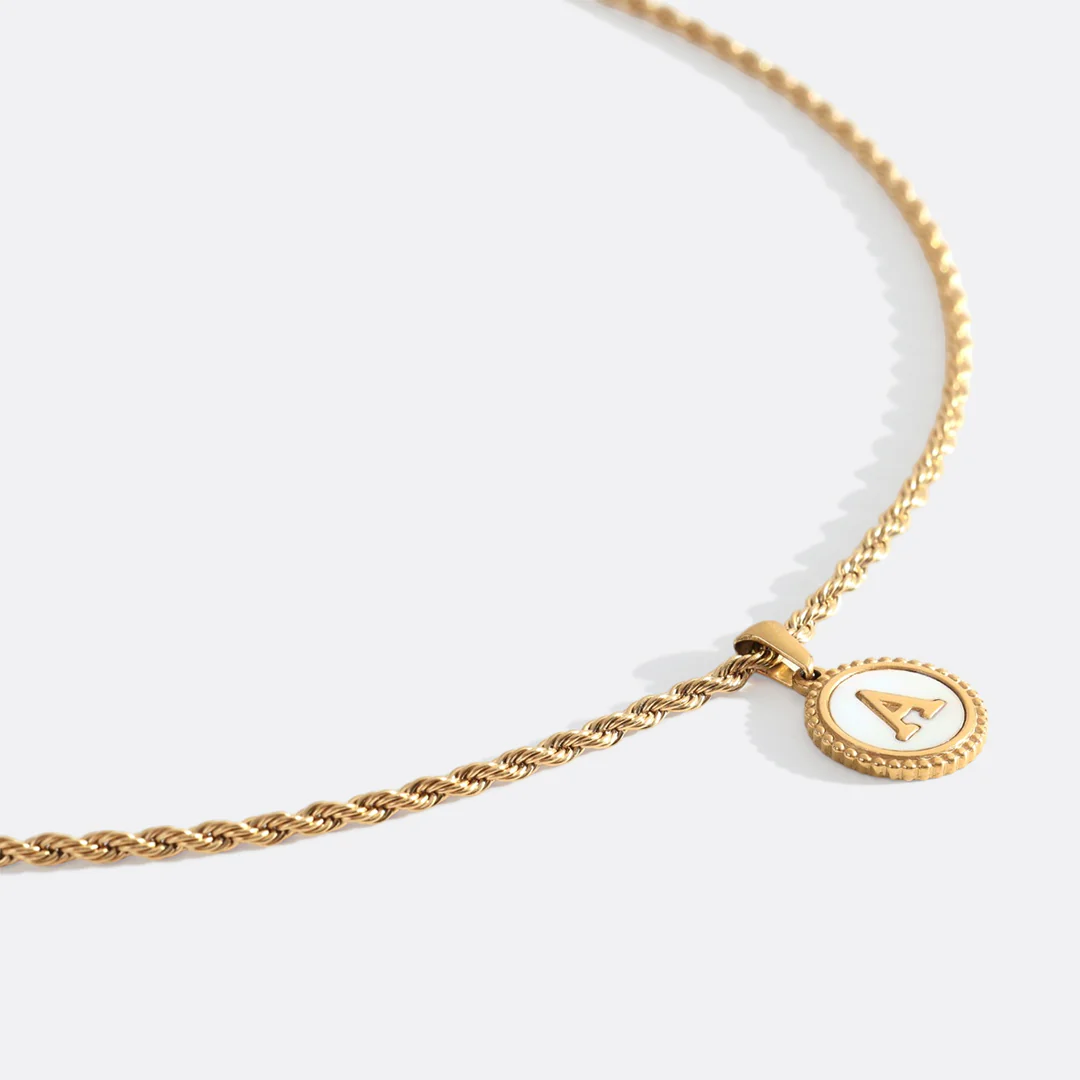 Mother of Pearl Disc Letter Necklace with Rope Chain