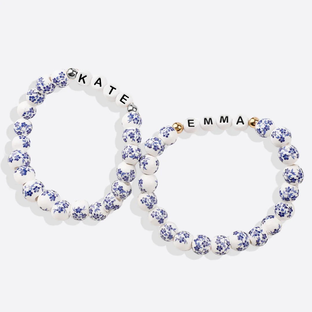Custom Name Blue Porcelain Floral Beaded Bracelet