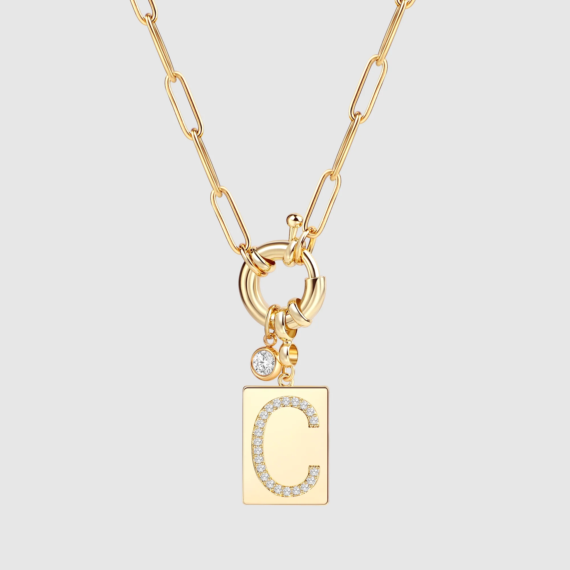 Pave Initial Pendant Necklace with Paperclip Chain