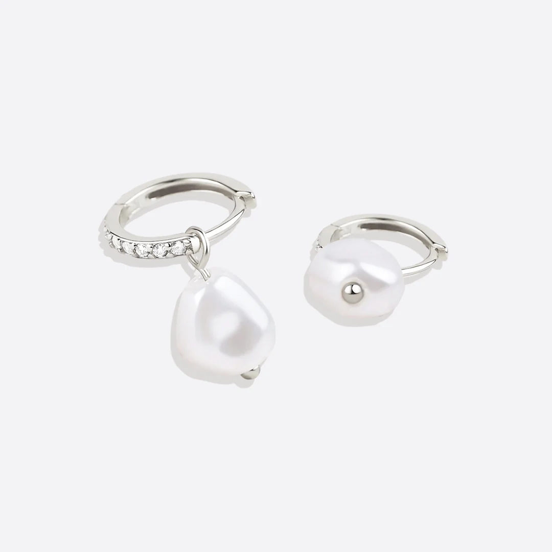Freshwater Pearl Drop Pave Huggie Earrings