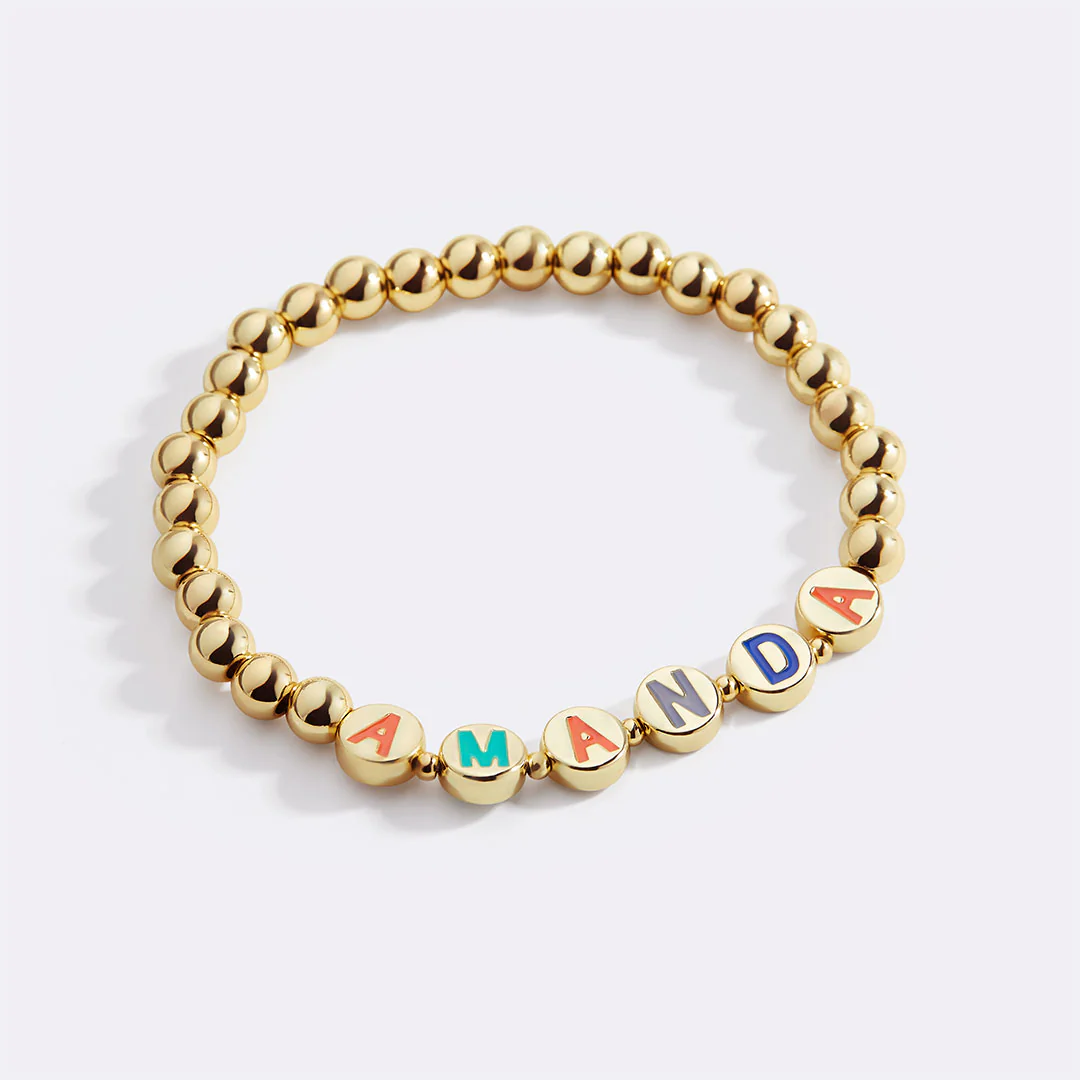 Custom Rainbow Letter Gold Disc Beaded Bracelet