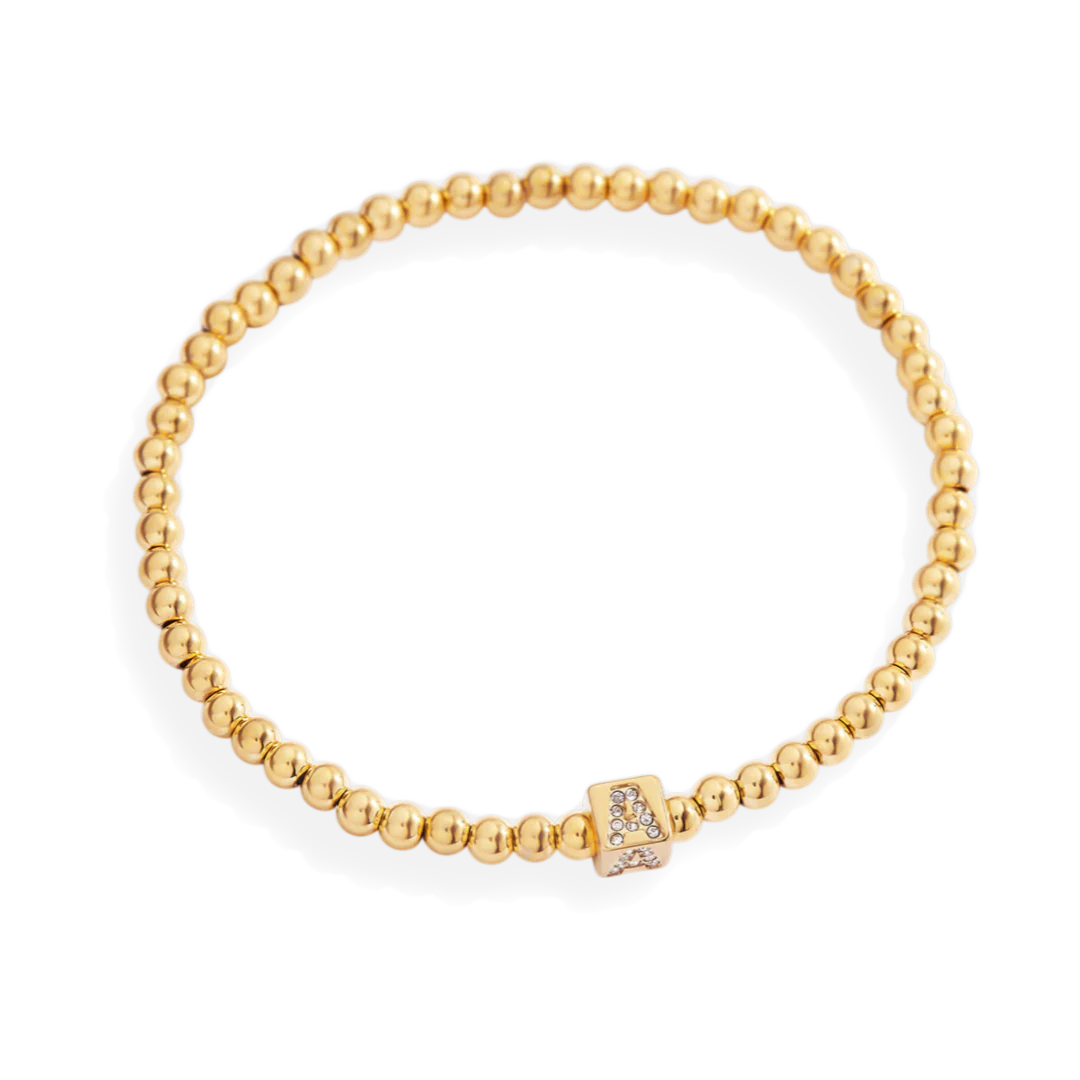 Gold Beaded Block Initial Bracelet