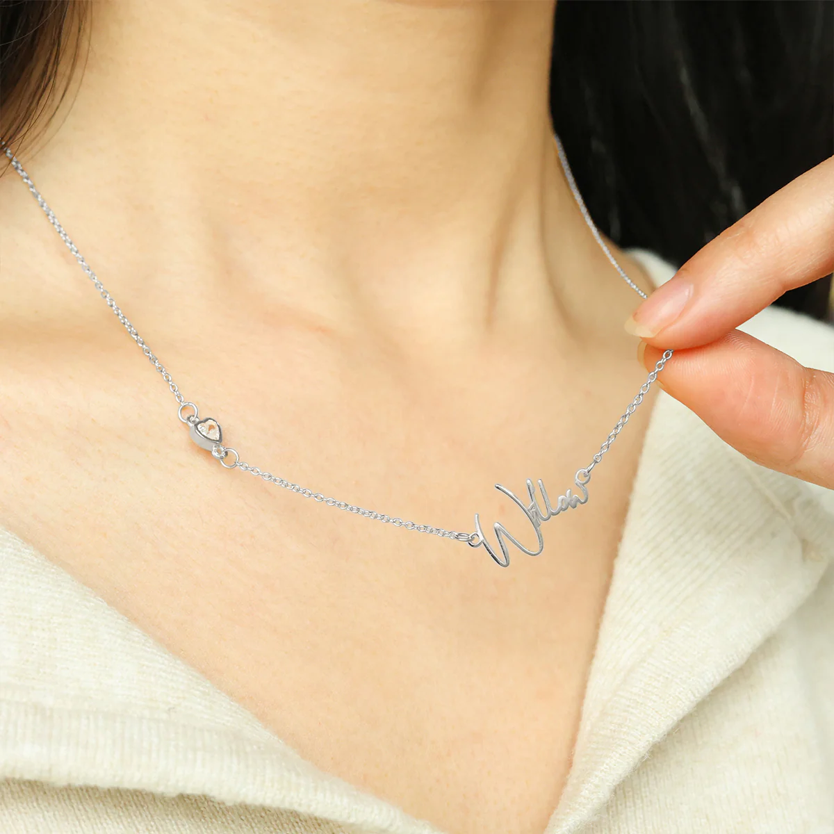 Modern Name Necklace with Heart Diamond Accent