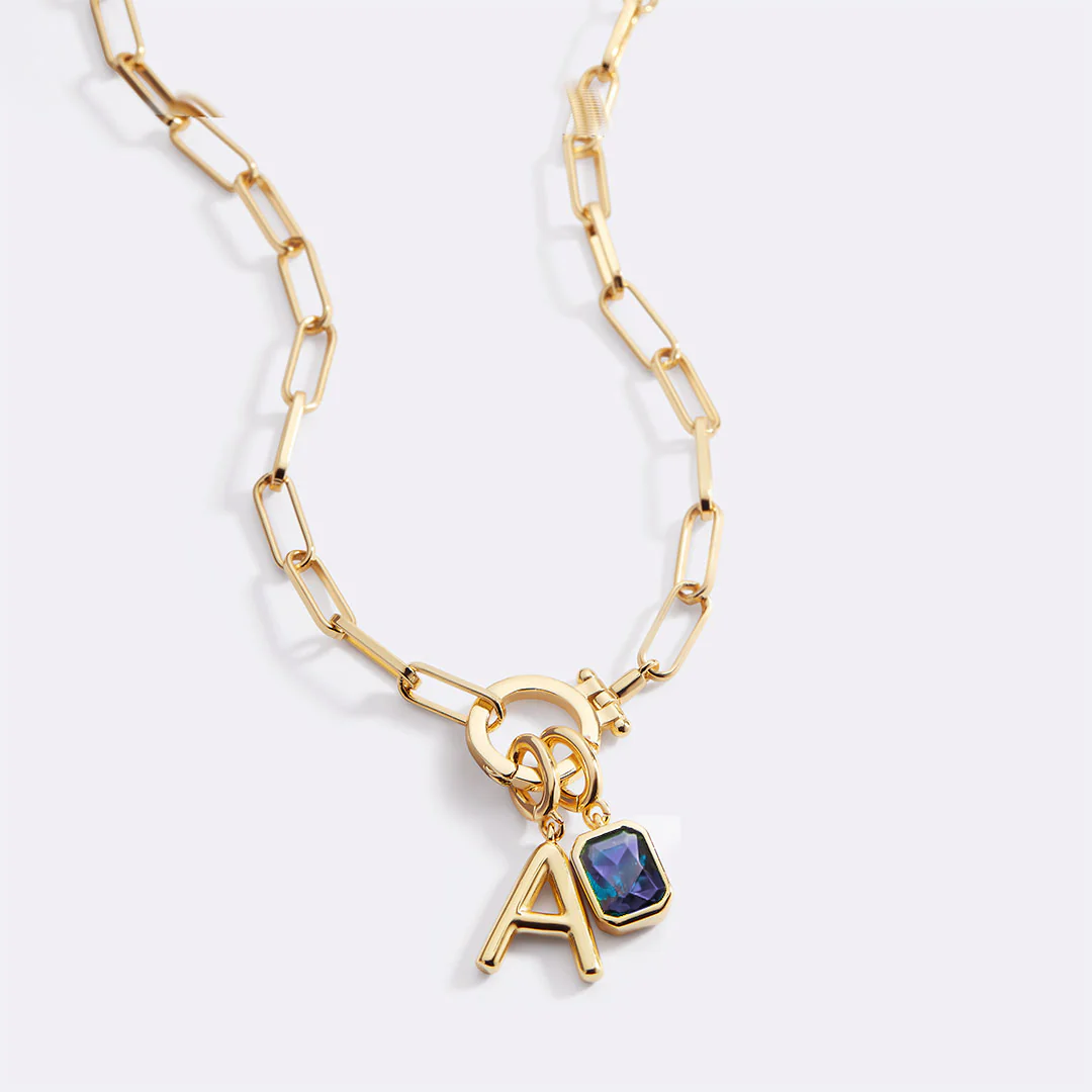 Mint Paperclip Necklace with Initial & Birthstone Charm