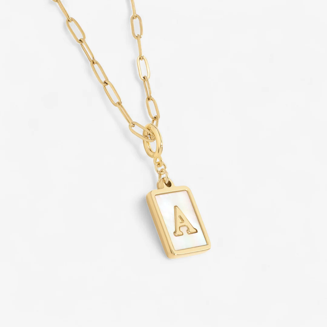 Mother of Pearl Card Initial Necklace | Paperclip Chain