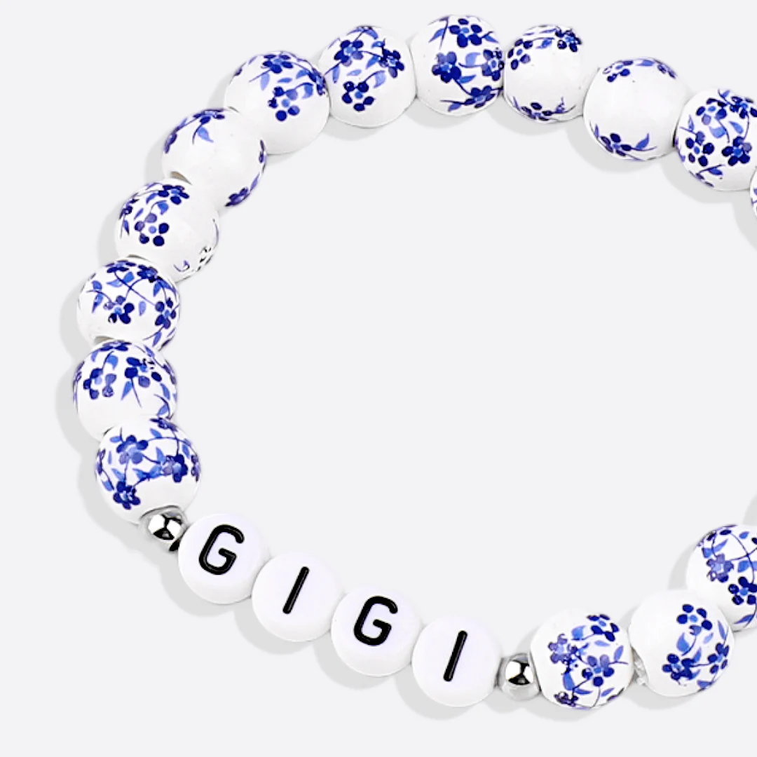 Custom Name Blue Porcelain Floral Beaded Bracelet
