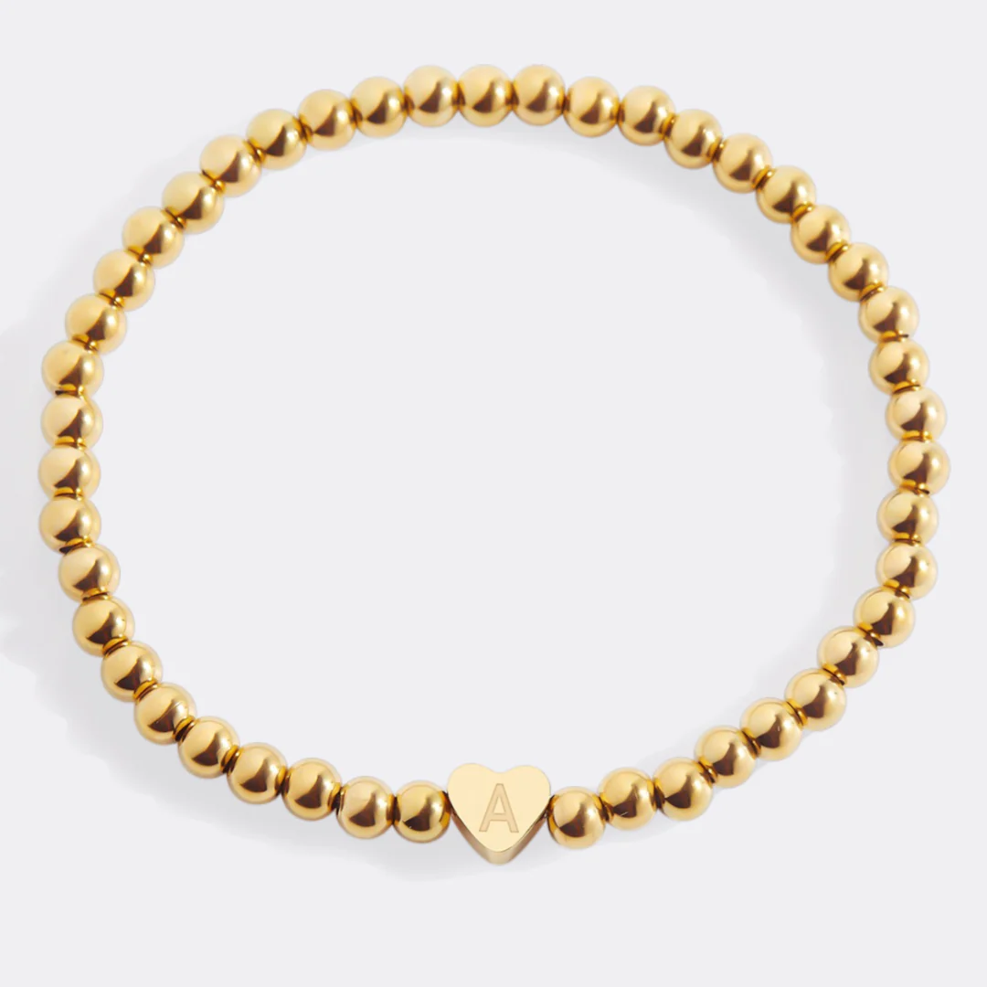 Gold Beaded Bracelet with Heart Initial