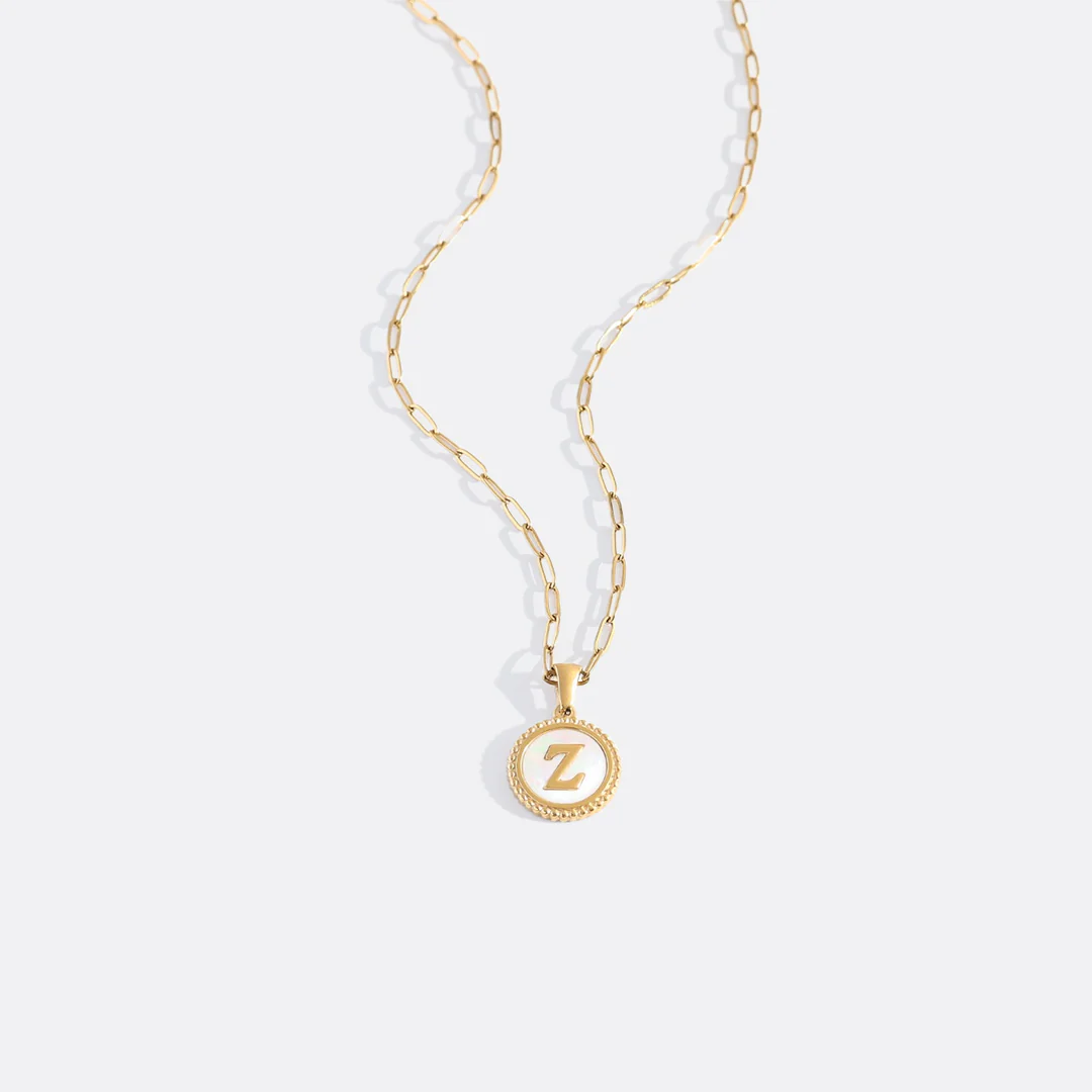 Mother of Pearl Disc Letter Necklace with Paperclip Chain