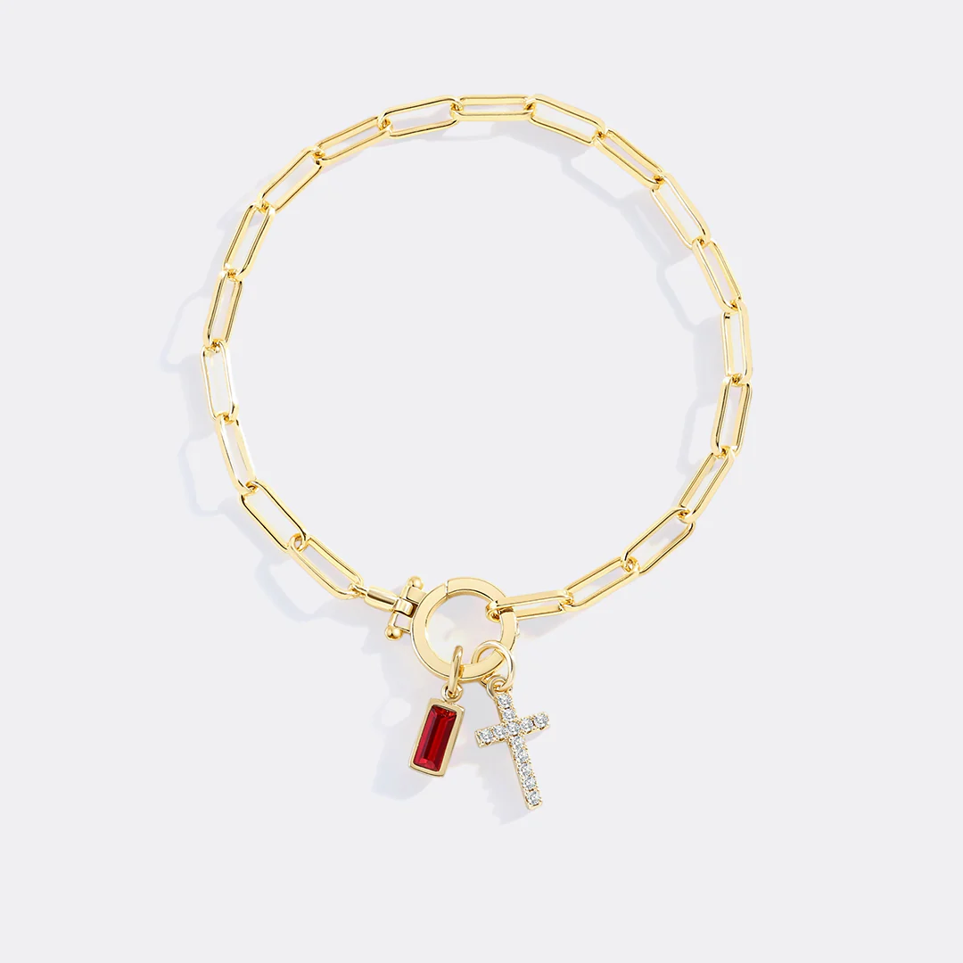 Cross Charm Birthstone Paperclip Bracelet