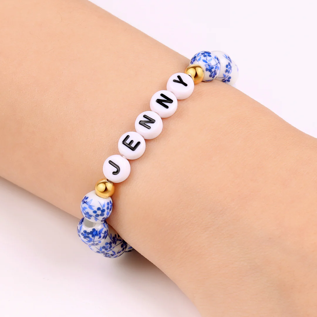 Custom Name Blue Porcelain Floral Beaded Bracelet