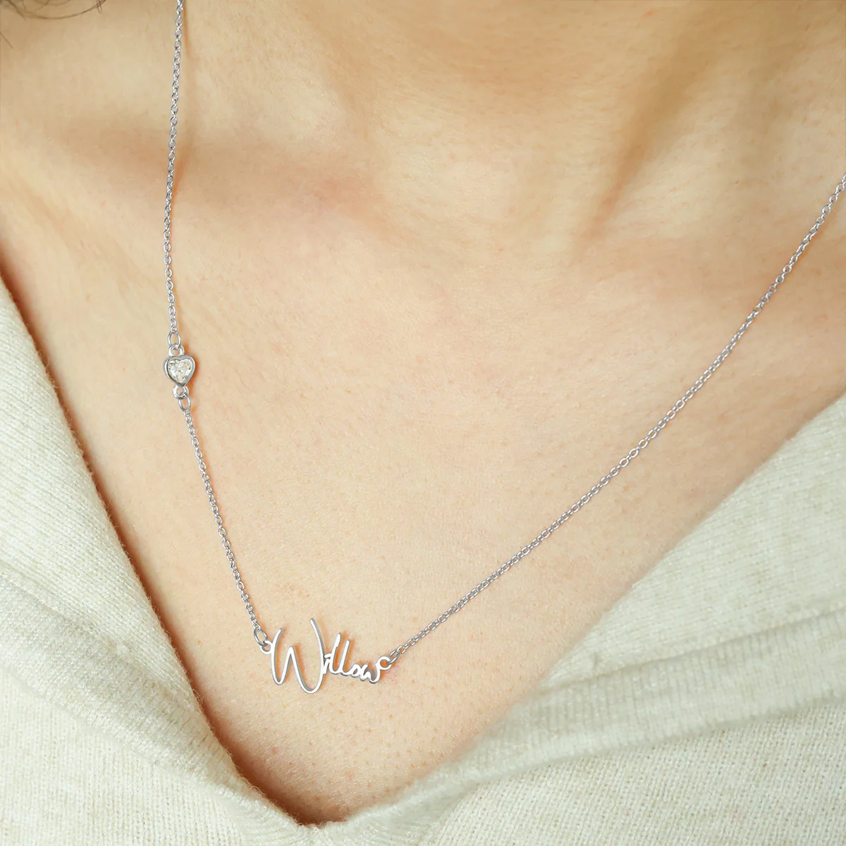 Modern Name Necklace with Heart Diamond Accent