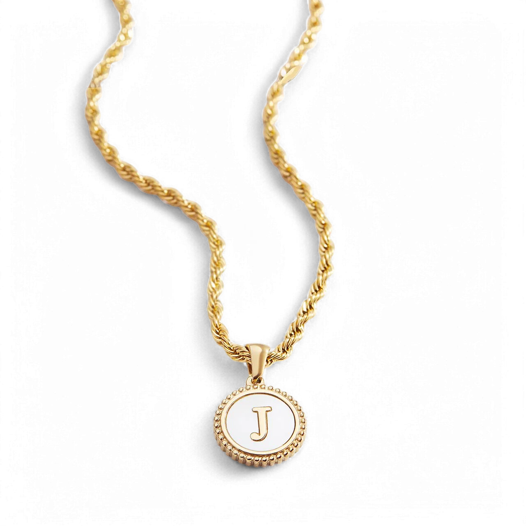 Mother of Pearl Disc Letter Necklace with Rope Chain