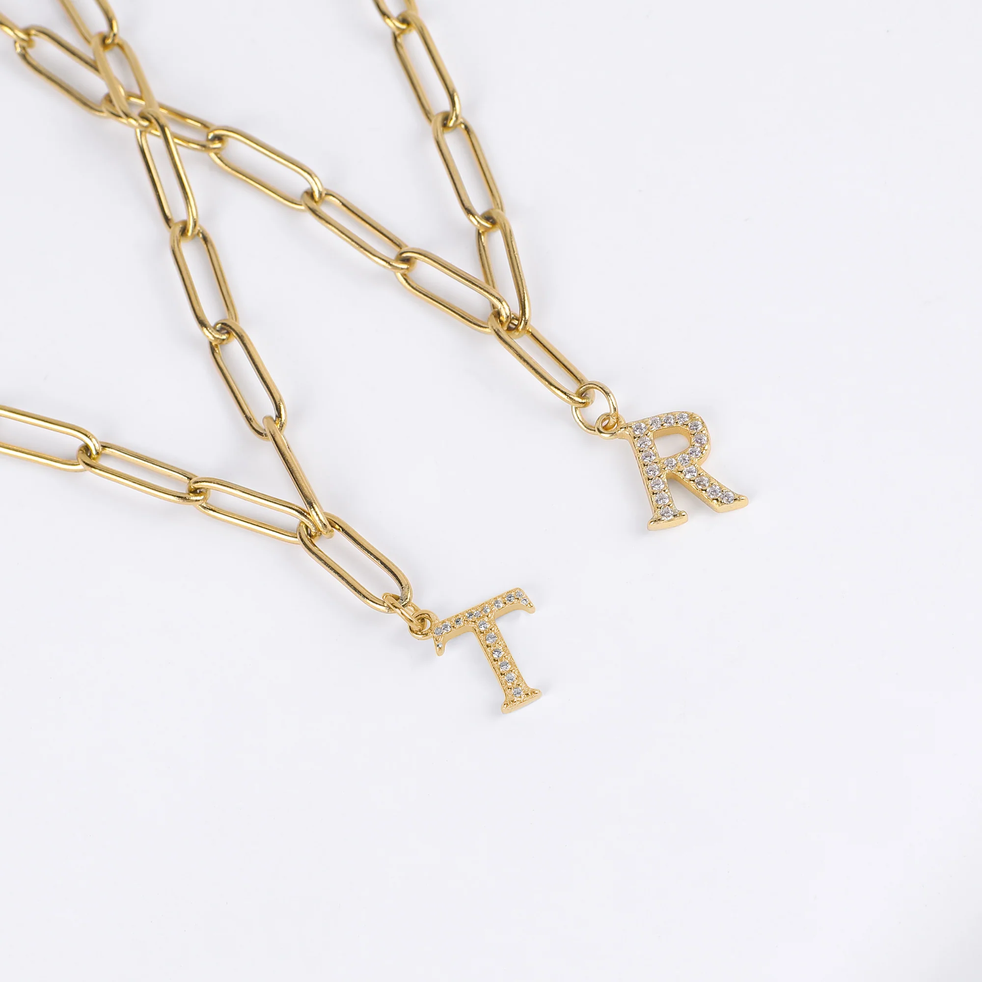 Diamond Letter Pendant Necklace with Paperclip Chain