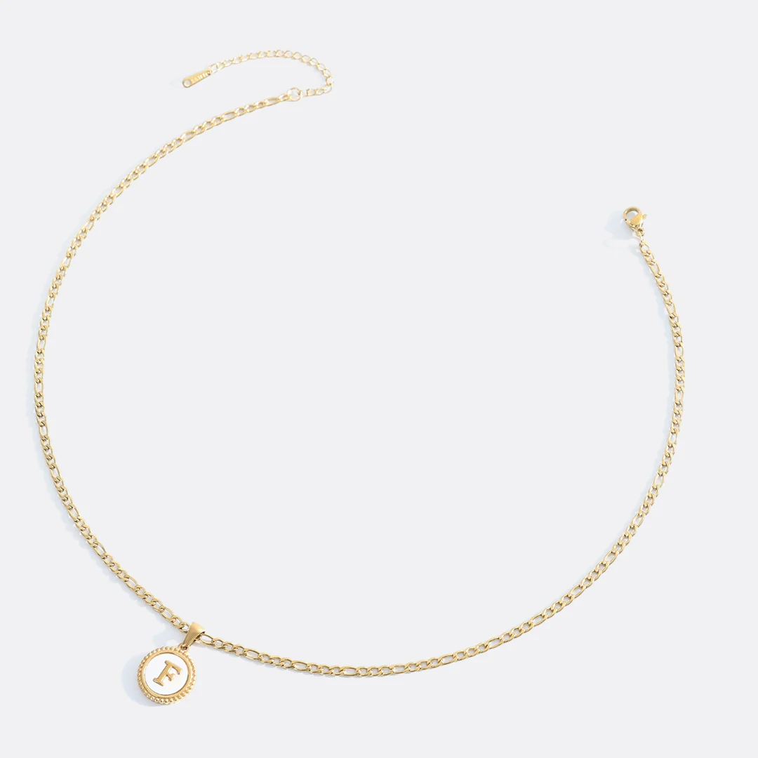 Mother of Pearl Disc Letter Necklace with Figaro Chain