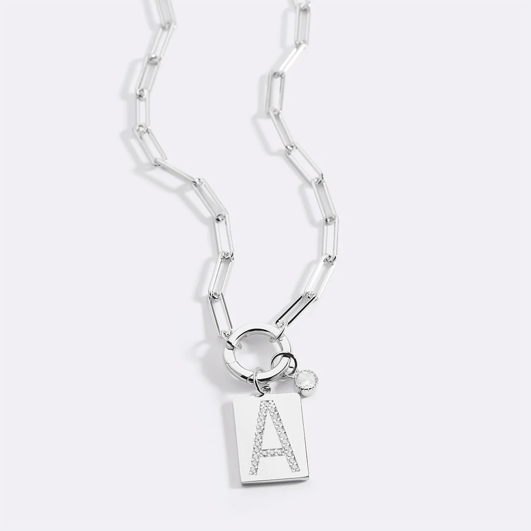 Sterling Silver Pave Initial Pendant Necklace with Paperclip Chain