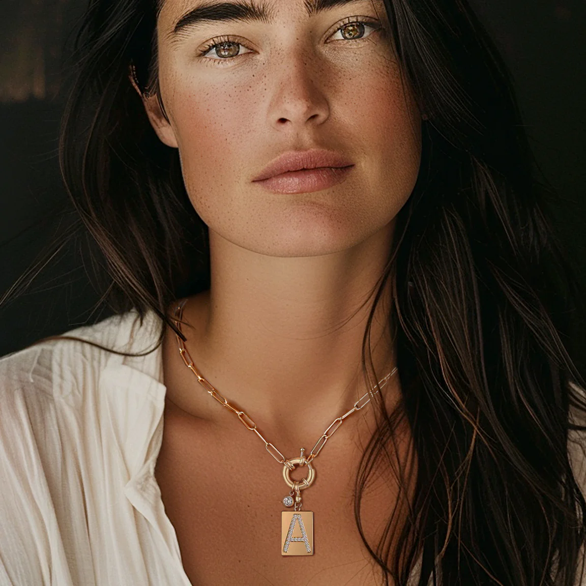 Pave Initial Pendant Necklace with Paperclip Chain