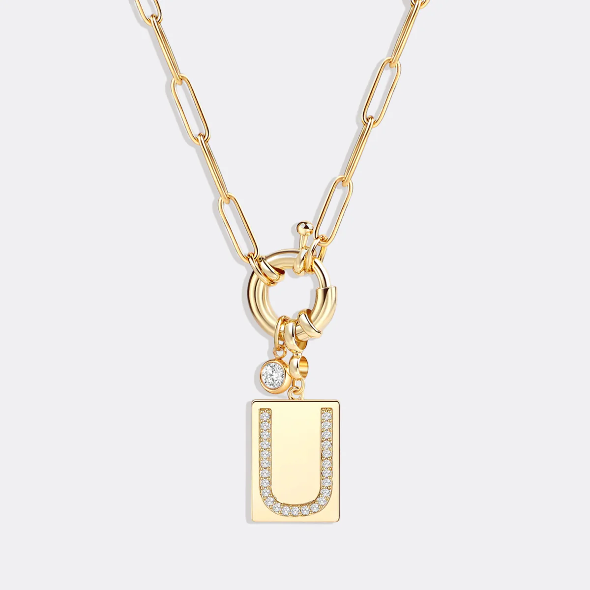Pave Initial Pendant Necklace with Paperclip Chain