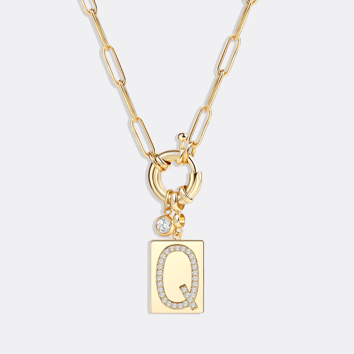 Pave Initial Pendant Necklace with Paperclip Chain