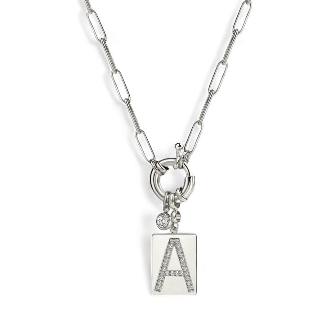 Pave Initial Pendant Necklace with Paperclip Chain