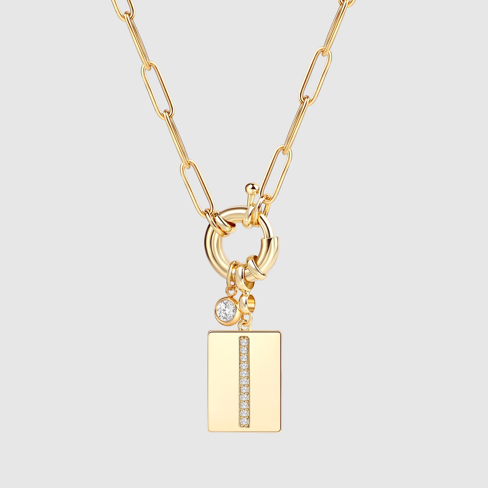 Pave Initial Pendant Necklace with Paperclip Chain