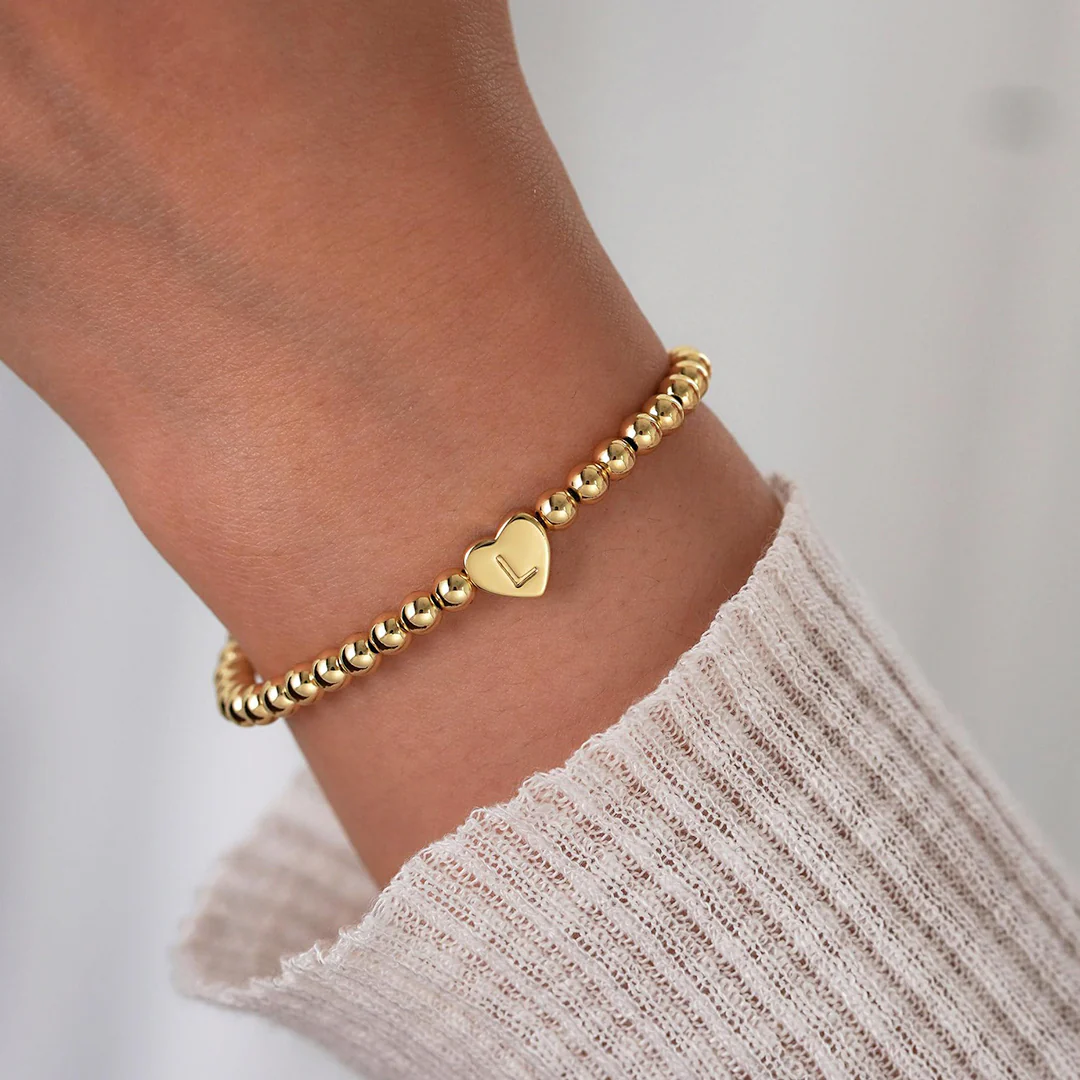 Gold Beaded Bracelet with Heart Initial