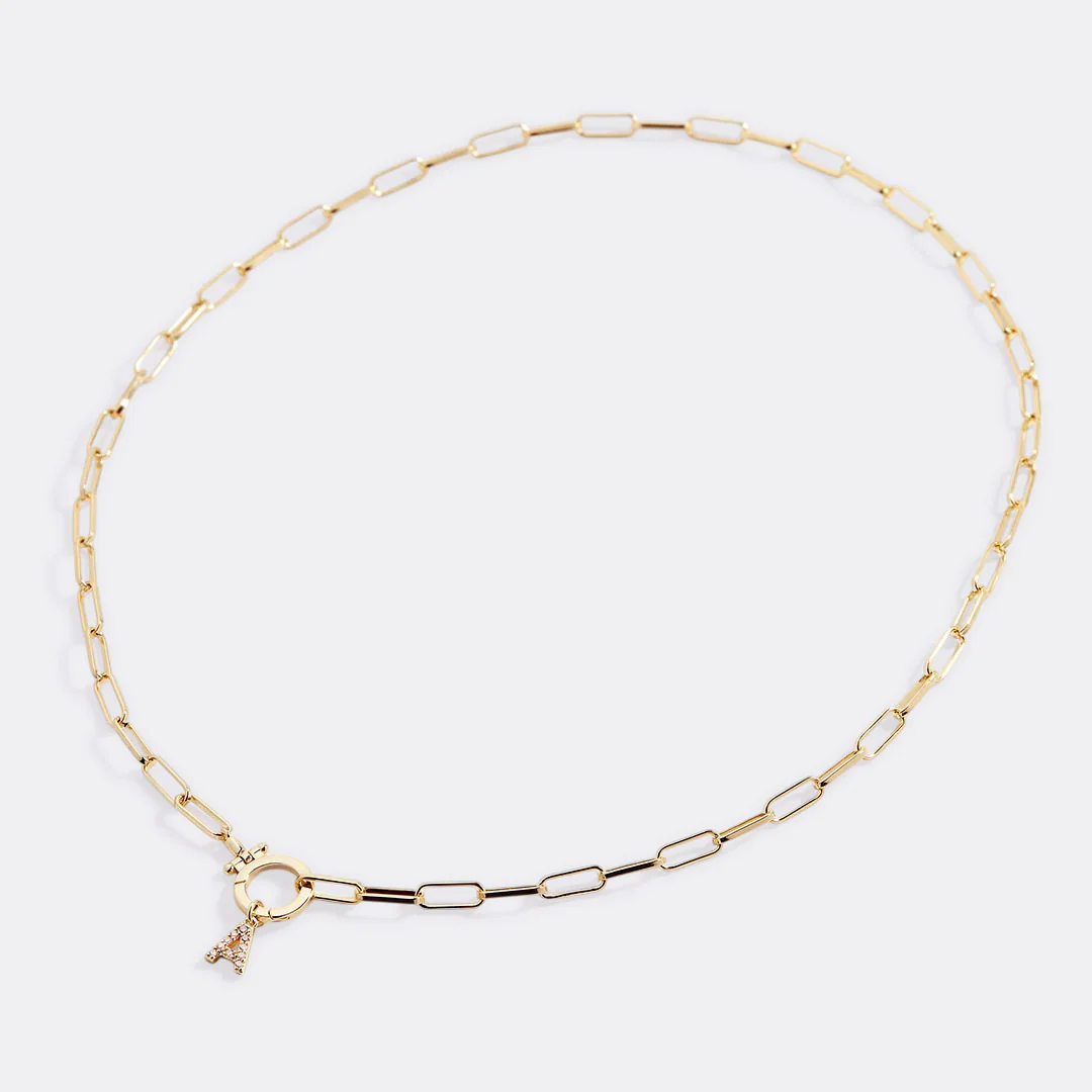 Mint Paperclip Necklace with Pave Initial Charm