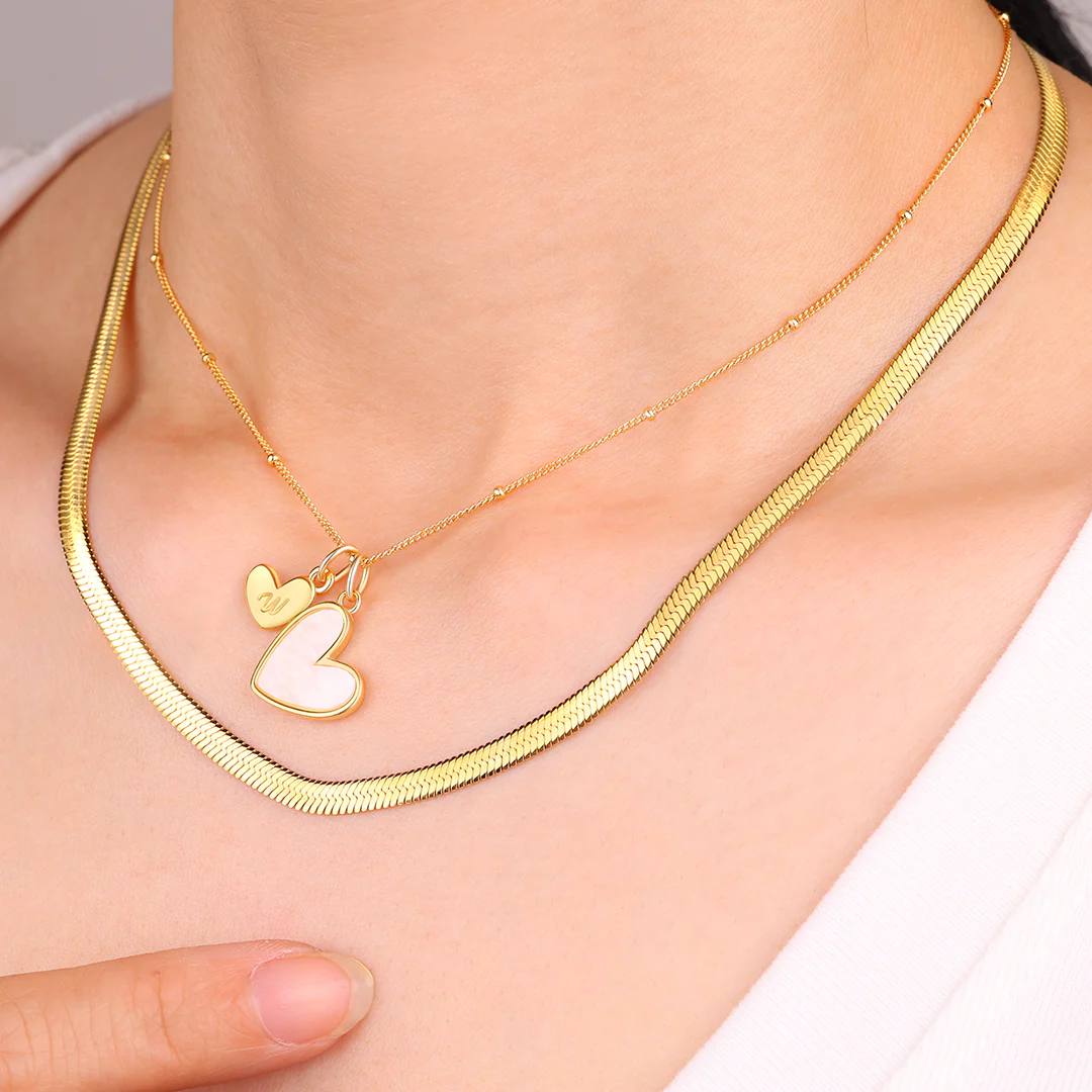 Mother Of Pearl Initial Heart & Herringbone Necklace Set