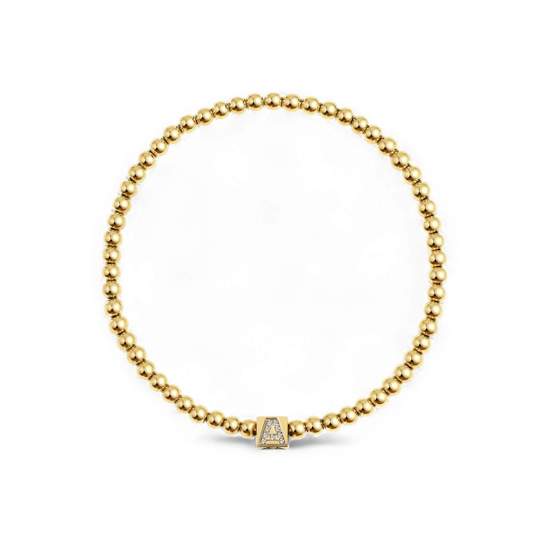 Gold Beaded Block Initial Bracelet