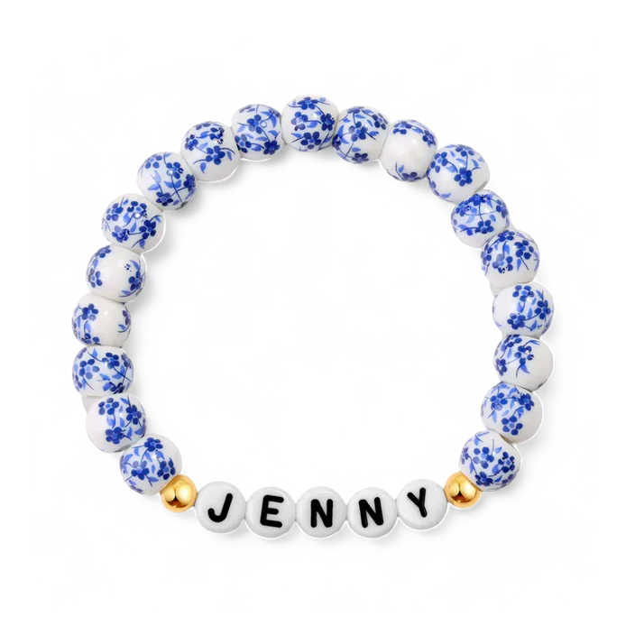 Custom Name Blue Porcelain Floral Beaded Bracelet