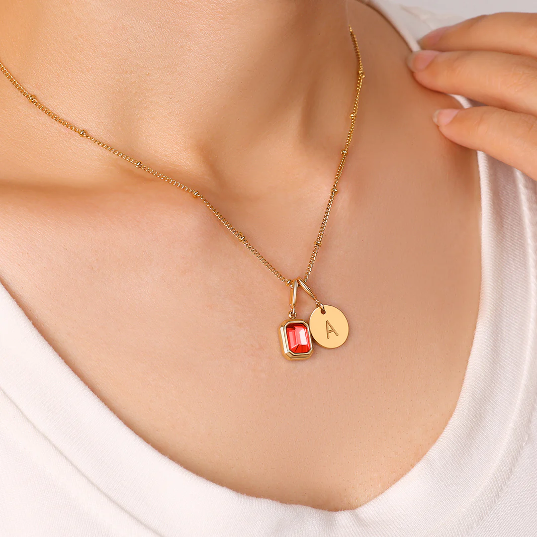 Baguette Birthstone & Initial Necklace