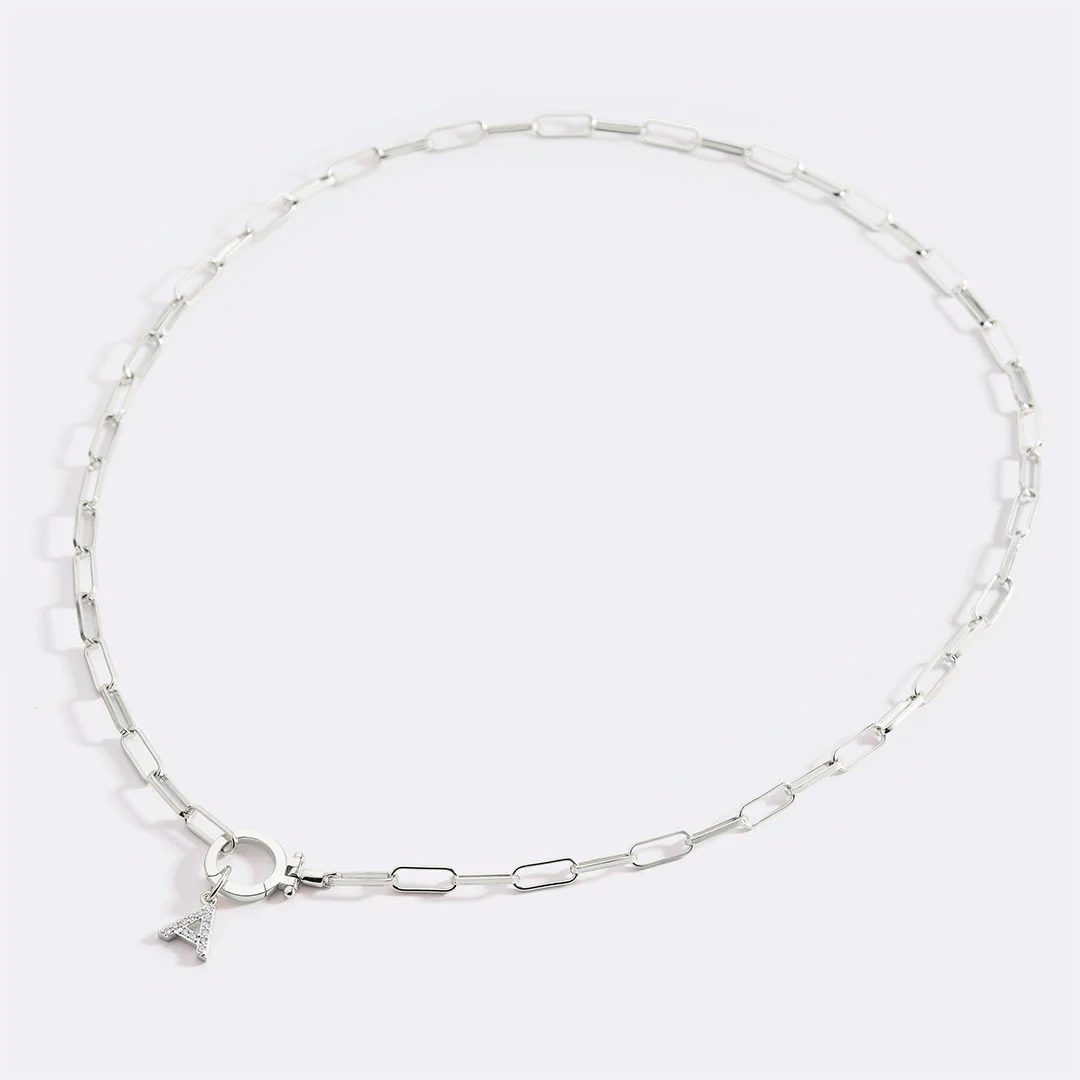 Mint Paperclip Necklace with Pave Initial Charm