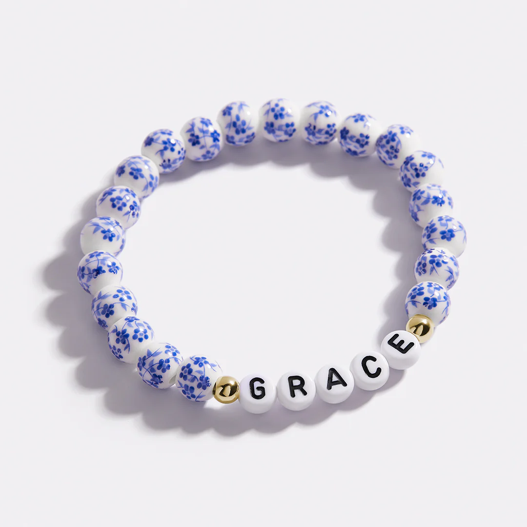 Custom Name Blue Porcelain Floral Beaded Bracelet
