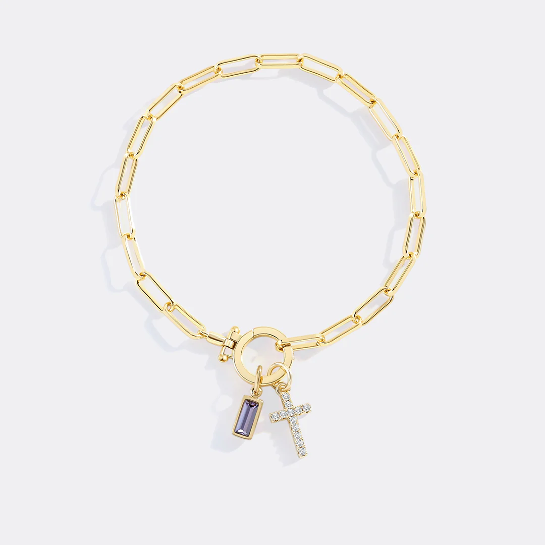 Cross Charm Birthstone Paperclip Bracelet
