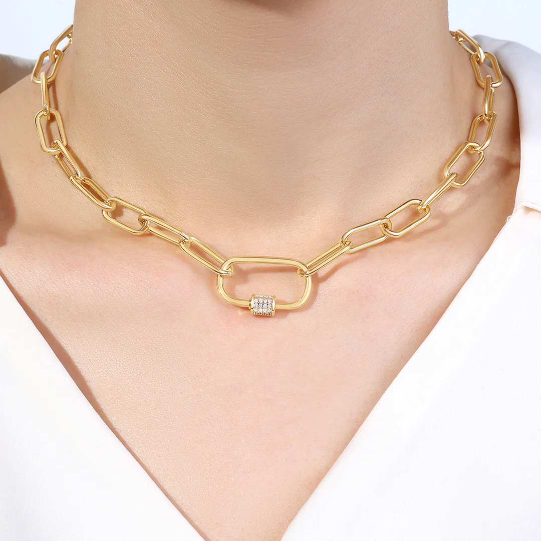 Link Chain Necklace with Pave Carabiner Clasp