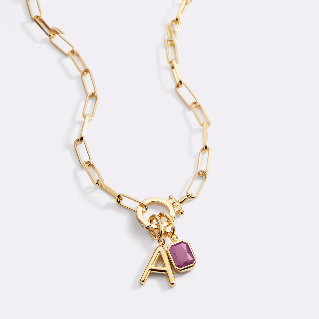 Mint Paperclip Necklace with Initial & Birthstone Charm