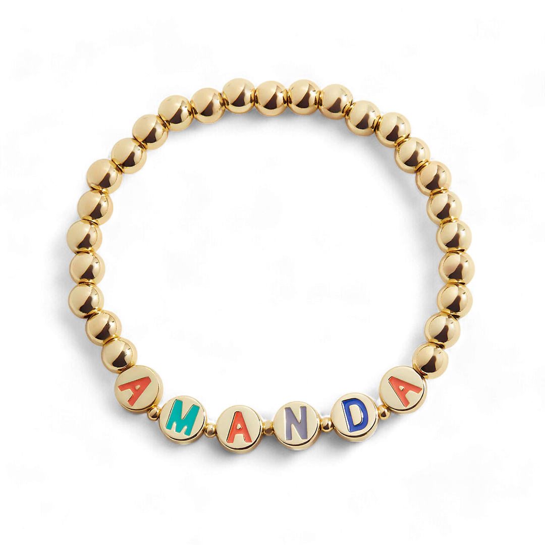 Custom Rainbow Letter Gold Disc Beaded Bracelet