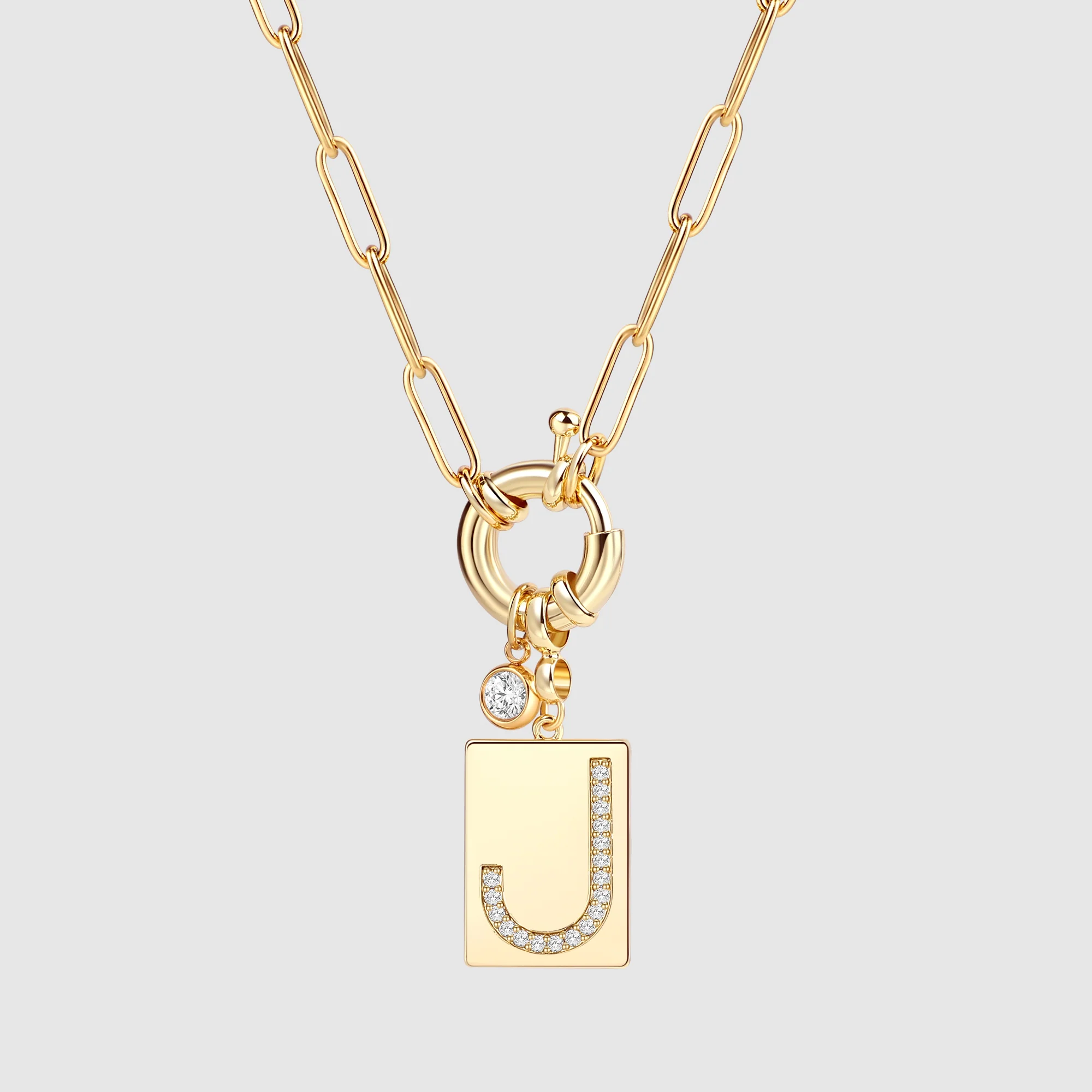 Pave Initial Pendant Necklace with Paperclip Chain
